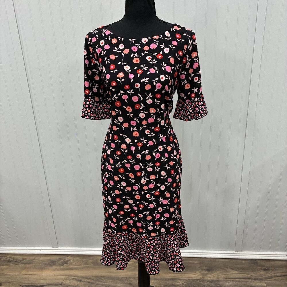 Talbots Women's Size 10 Black/Pink Floral Shift Dress Ruffle Hem Feminine Preppy